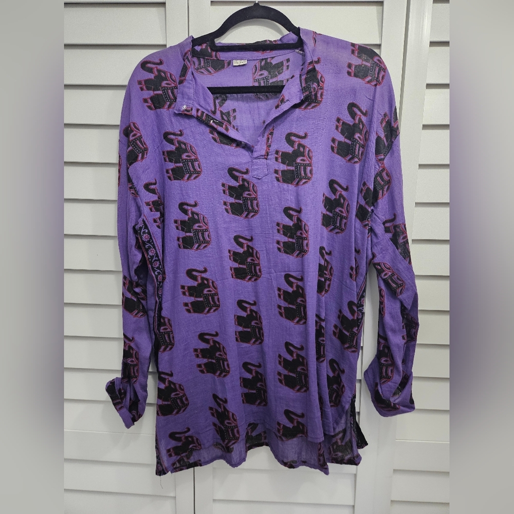 Purple Cotton Elephant Print Shirt L